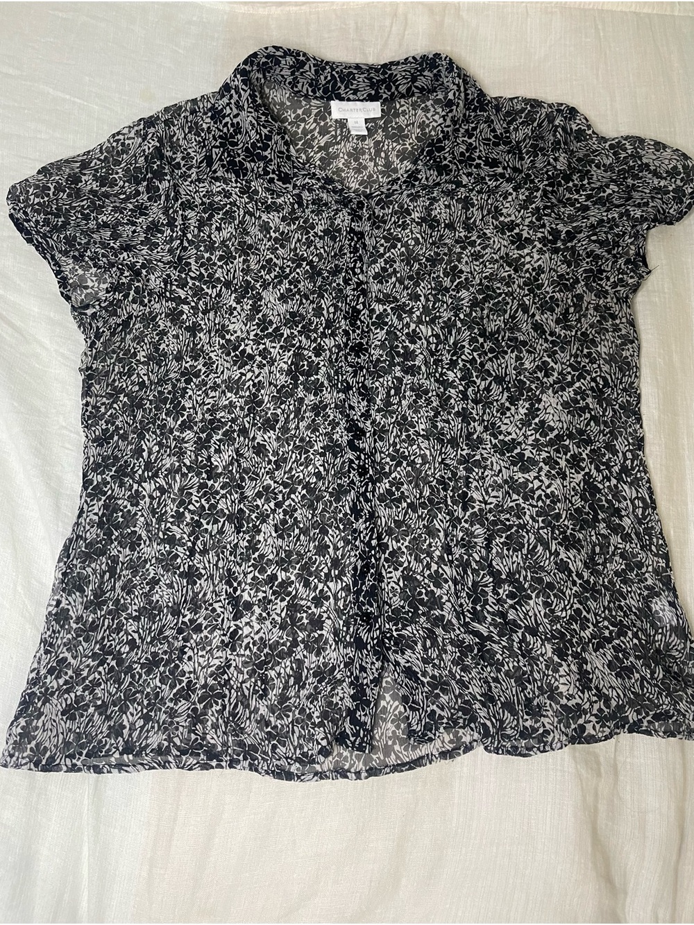 Charter Club Black & White Floral Short-Sleeve Button-Up Blouse